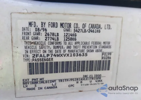 1997 Ford Crown Victoria Lx z USA, uszkodzony, nr VIN 2FALP74WXVX103635